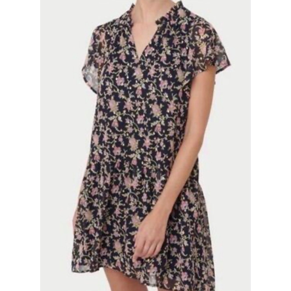 LOFT Navy Floral Chiffon Shift Dress Gold Metallic Foil Dot XL Tiered Ruffle